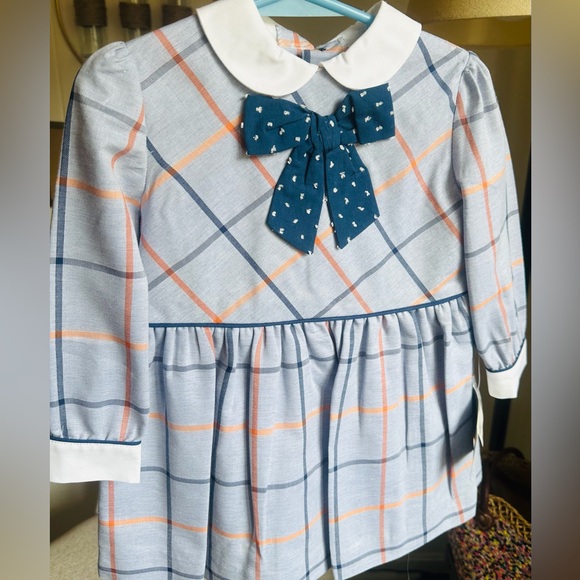 Miranda Spanish Brand Other - Girls Blue Plaid Peter Pan Collar Dress with Bow